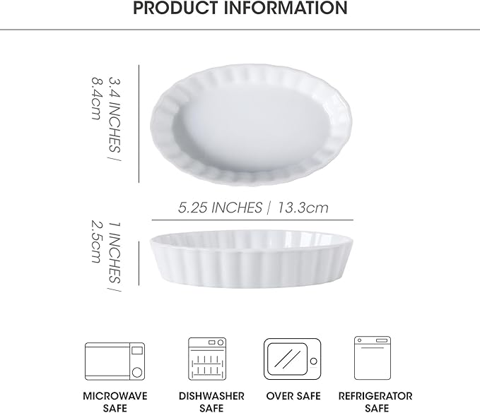 Creme Brulee Ramekins, 6 Pcs Oval Ceramic Baking Dishes, 5.2 Inch Oven Safe Baking Dishes for Souffle, Dessert, Baked Gratins, Prep Bowls for Ingredients, Dipping Sauces - Dishwasher Safe & Stackable