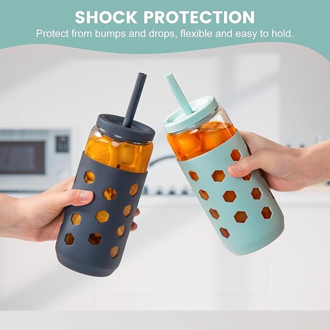 Glass Cups with Lids and Straws (4 Pcs), 20oz Drinking Glasses Set with Silicone Sleeves for Coffee Bar Accessories Iced Coffee Cups with Lids, Glass Tumbler Reusable for Gifts