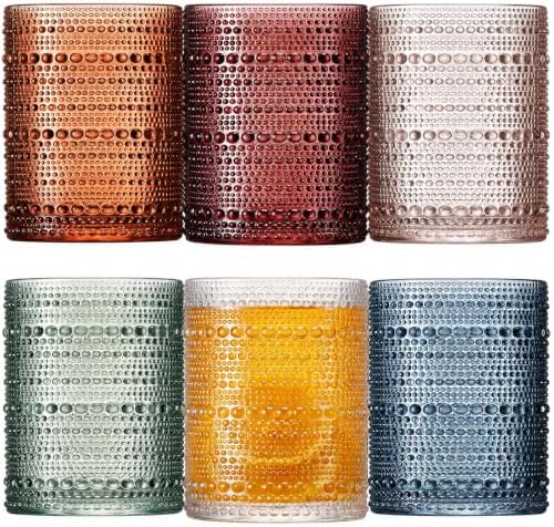 Mfacoy Colored Hobnail Drinking Glasses Set of 6, 10oz Vintage Kitchen Glassware, Embossed Beaded Glass Cups, Water Glasses, Beaded Colorful Water Tumbler for Cocktail, Juice and Various Mixed Drinks