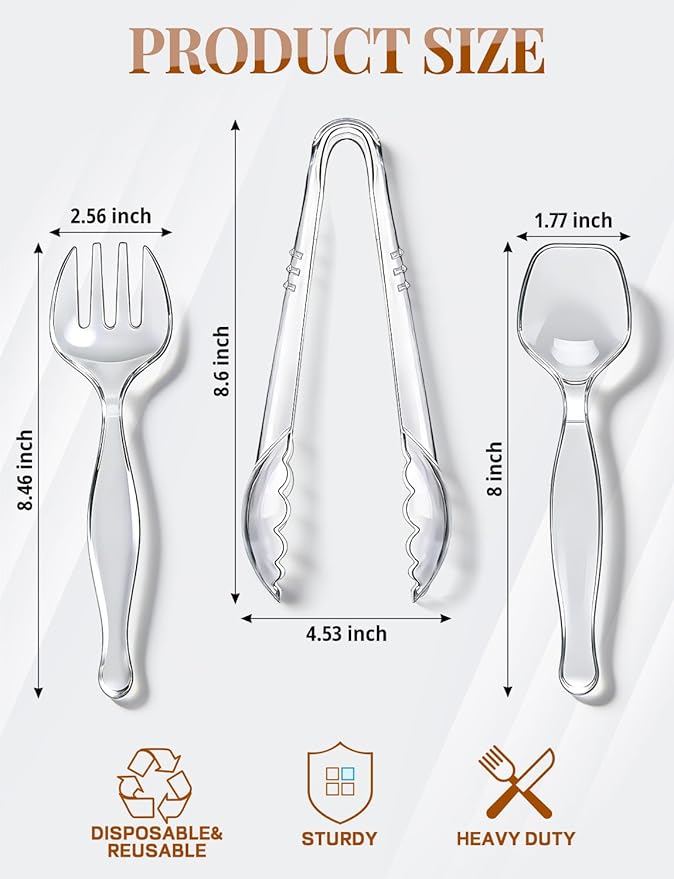 Plastic Serving Utensils, Clear Serving Spoons Set Including 4 Disposable Plastic Tongs 8 Spoons and 8 Forks Supplies for Catering, Entertaining and Parties