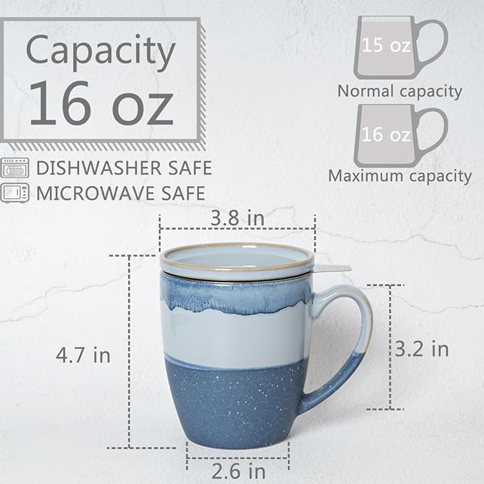 Bosmarlin Ceramic Tea Cup with Infuser and Lid, 16 Oz, 4 Colors to Choose, Dishwasher and Microwave Safe, Steeping Tea Mug with Strainer, Reactive Glaze, (Blue)