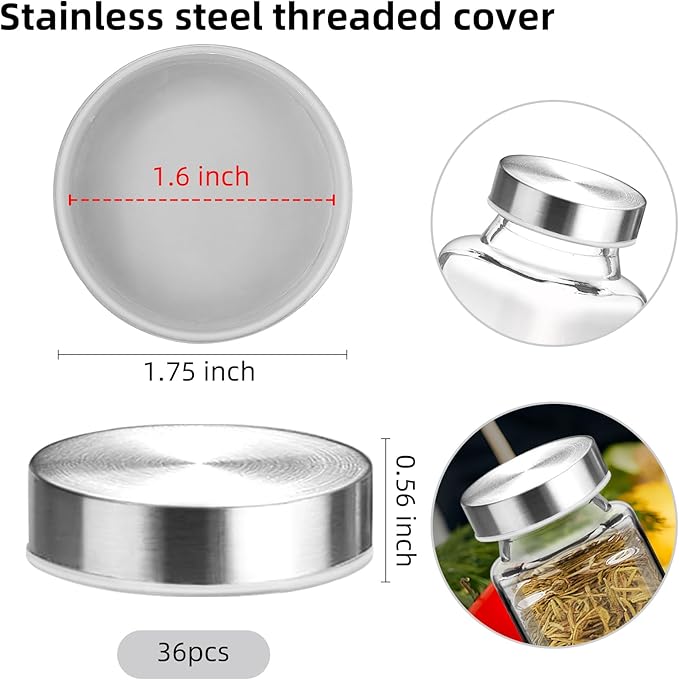 36Pcs 304 Stainless steel Jar Lids for 4 oz and 6 oz Square Spice Jars Reusable Can Airtight Spice Storage Canning Lids for Nice Sealing Kitchen (36)