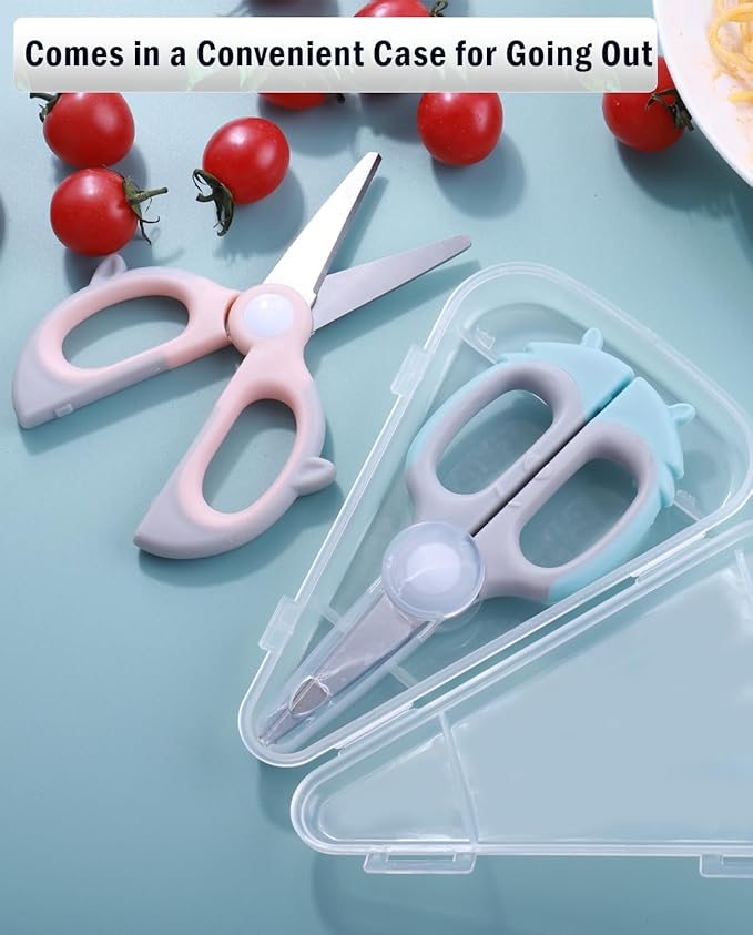 Baby Food Scissors Kicthen Shears - Healthy Portable Cute Kitchen Scissors with Dust Cover and Storage Travel Case - Ideal for Cutting Meat, Chicken, Vegetables, Fruits(Bee Blue+Panda Pink)