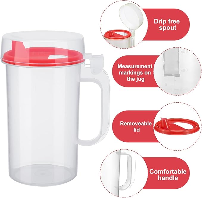 6 Pack Early Learning Kids Easy Pouring Mini Pitchers Clear Plastic Pitcher with Lid and Handle Easy Pour Bottles 16 Oz. Jugs with Lids for Classroom Nursery Home (Red)