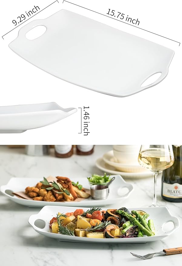LAUCHUH Serving Platter for Party, 16 inches Large Serving Tray with Handles Porcelain Serving Platters for Meat Serving Dish for Entertaining White Serving Plates for BBQ, Plates Set of 2