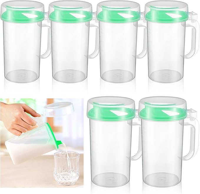 6 Pack Early Learning Kids Easy Pouring Mini Pitchers Clear Plastic Pitcher with Lid and Handle Easy Pour Bottles 16 Oz. Jugs with Lids for Classroom Nursery Home (Light Green)