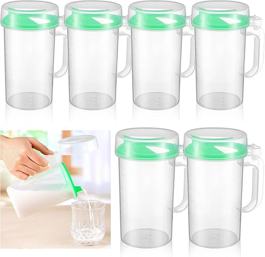 6 Pack Early Learning Kids Easy Pouring Mini Pitchers Clear Plastic Pitcher with Lid and Handle Easy Pour Bottles 16 Oz. Jugs with Lids for Classroom Nursery Home (Light Green)