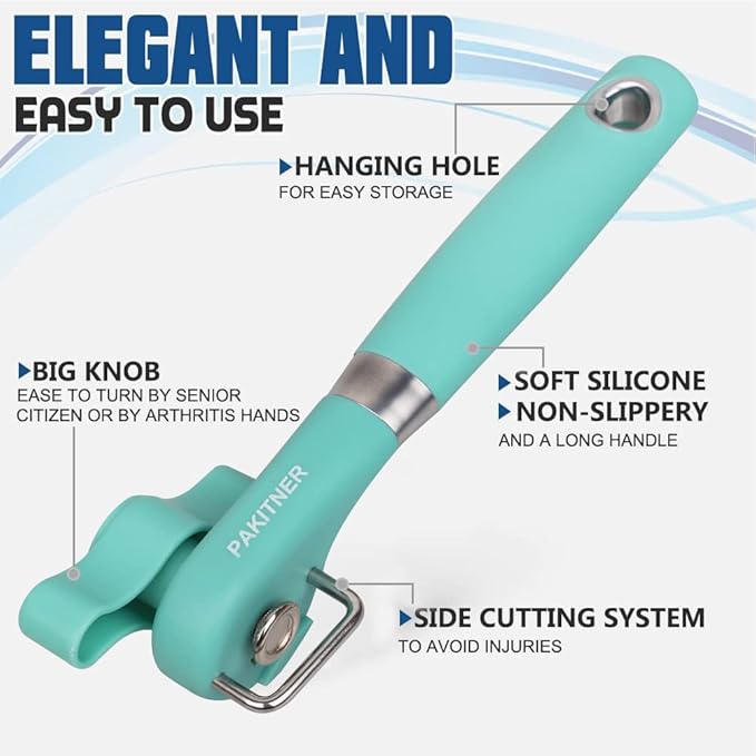 PAKITNER- Cut safe Manual can opener smooth edge - handheld Side cut can opener, Ergonomic Smooth Edge, Food Grade Stainless Steel Cutting Can Opener for Home, Kitchen & Restaurant, Green