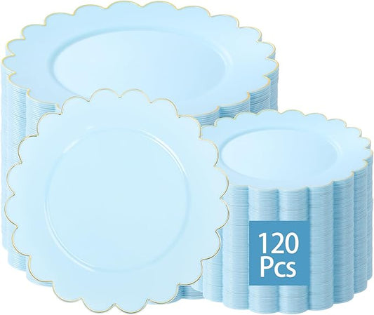 LIYH 120 Pcs Baby Blue Plastic Plates with Gold Edge - Disposable Light Blue Scalloped Baby Shower Plastic Plates Includes 60 Dinner Plate 10.25" & 60 Dessert Plate 7.5" for Party Birthday Easter