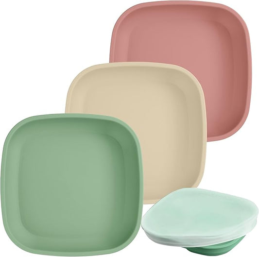 Re-Play Toddler Plates - 22 Oz. Deep-Walled Flat Kids Plates with 1 Lid - Dishwasher & Microwave Safe - Made in USA - Set of 3-7.37" x 7.37" x 1.25" - Desert Roses
