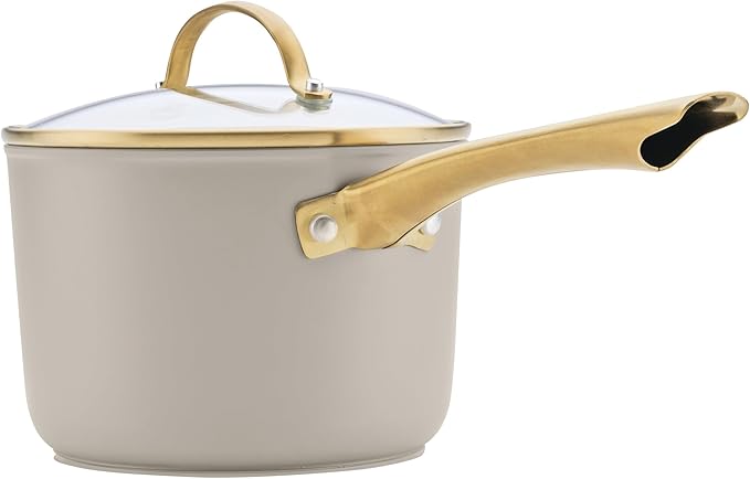 Farberware Forged Induction Ceramic Nonstick Sauce Pan/Soup Pot, Dishwasher Safe, Gold Color Stainless Steel Handle, 3 Quart - Taupe