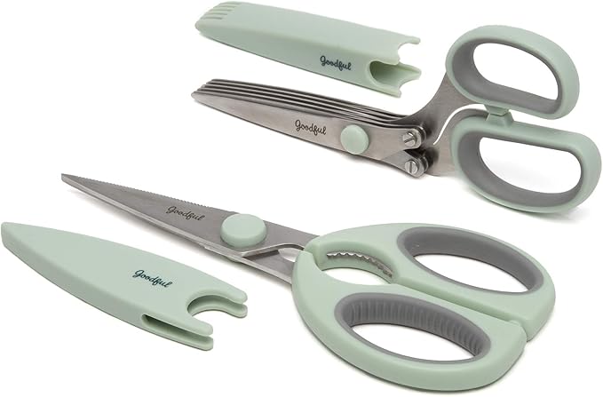 Goodful Utility Kitchen Shear and 5-Blade Herb Shear Set, Premium Stainless Steel Blades with Protective Guards, Comfort Grip Handles, Built-in Herb Shear Cleaning Comb, 2-Piece Set, Sage Green