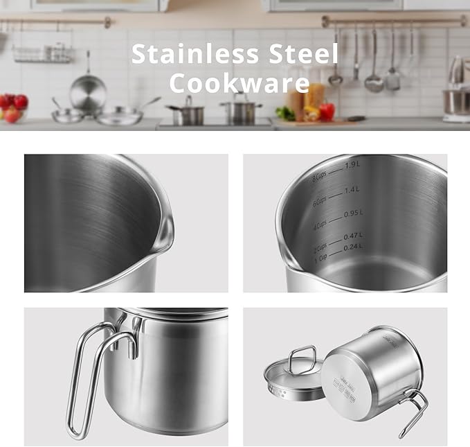 Small 2-Quart Stainless Steel Saucepan with Glass Lid - Compact Sauce Pan for Single Servings, Boiling Eggs, or Melting Butter - Induction Ready & Dishwasher Safe