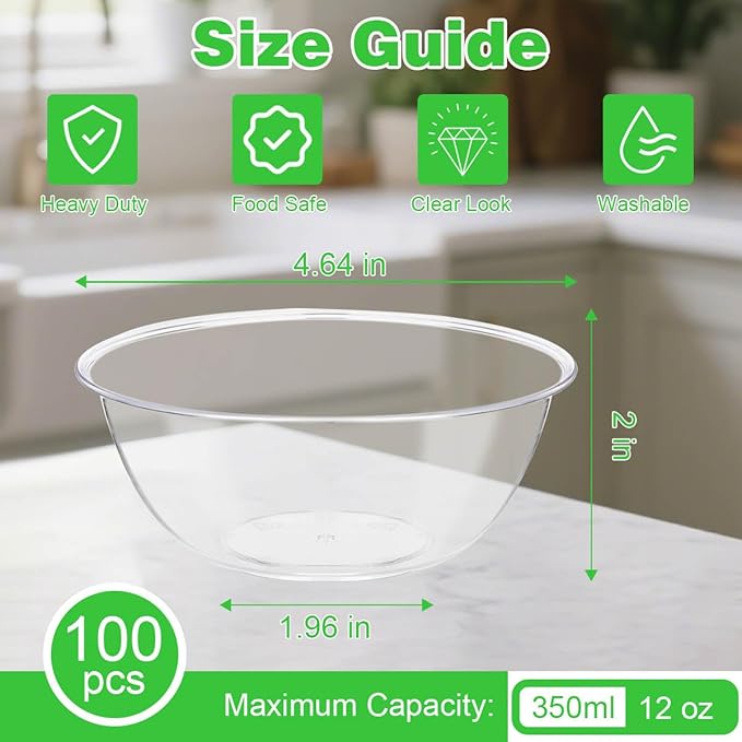 100 Pack Small Clear Plastic Bowls, 12oz Hard Disposable Salad Bowls, Disposable Bowl for Party Serving, Ice Creams, Desserts, Catering, Special Events