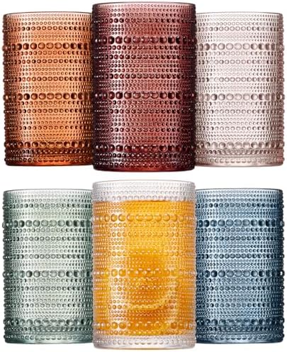 Colored Hobnail Drinking Glasses Set of 6, 12oz Vintage Kitchen Glassware, Embossed Beaded Glass Cups, Water Glasses, Colorful Water Tumbler for Cocktail, Juice, Various Mixed Drink (Dishwasher Safe)