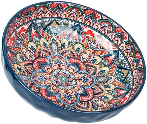 75 Oz Serving Bowls,Bohemian Style Large Porcelain Dishes for Entertaining Parties,Big Bowls for Eating Soup, Salad, Pasta, Fruit, Chips, 10.3 Inch Diameter (blue)