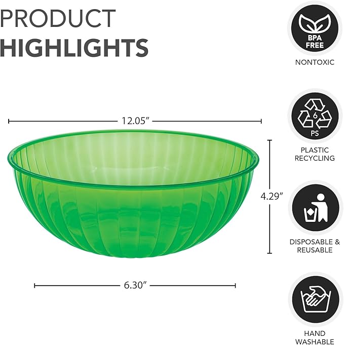 Party Essentials Hard Plastic 192 OZ./6 QT/1.5 Gallon Large Serving Bowls For Punch/Salad/Snack/Treat/Fruit, 3-Count, Neon Green