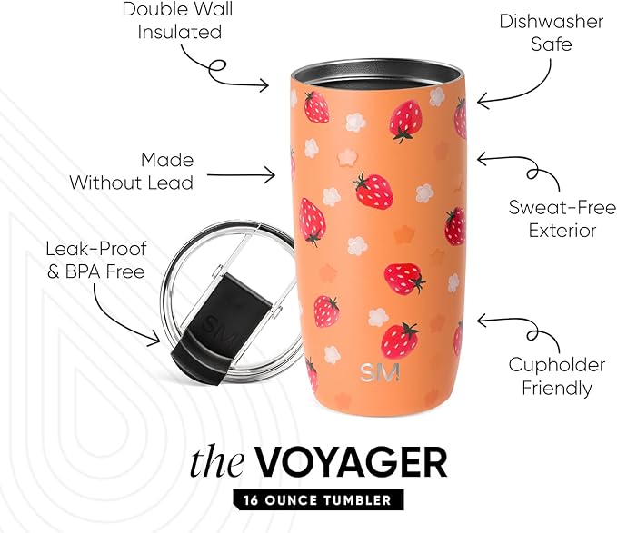 Simple Modern Voyager Tumbler with Flip Lid | Travel Coffee Mug | Insulated Stainless Steel Cold Brew Iced or Hot Coffee Cup | Gifts for Women Men Her Him | 16oz, Strawberry Fields