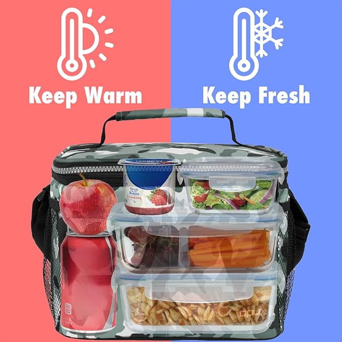 opux Insulated Lunch Bag for Men Women, Leakproof Camo Green Lunch Box for Work, Portable Soft Lunch Cooler Bag with Shoulder Strap, Adult Lunchbox Lunch Pail for Kid Boy Girl School, 14 Can/8L