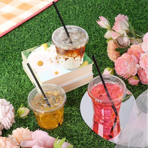 tchrules 100 Set 12oz Clear Plastic Iced Coffee Cups with Lids and Straws
