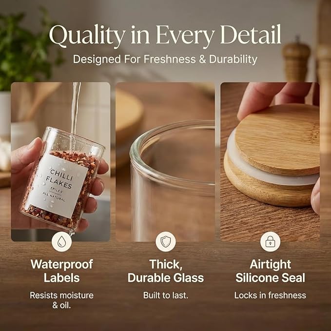 Glass Spice Jars with Labels-12 Pack- 6.8oz- 360 Labels- Spice Containers with Bamboo Lids -Spices Organization for Cabinet-Drawer-Rack-Seasoning containers-herbs- Organizer-Spices Bottles