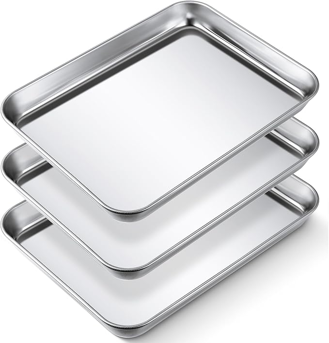 3 Pcs Baking Sheet Pan Set Stainless Steel Cookie Sheet Small Toaster Oven Pans Tray Barbecue Grill Pan Rectangle Trays Oven Freezer Bakery, Non-stick, Easy Clean, 9 x 6.7 x 1 Inches