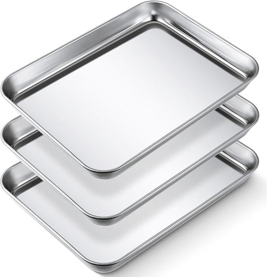 3 Pcs Baking Sheet Pan Set Stainless Steel Cookie Sheet Small Toaster Oven Pans Tray Barbecue Grill Pan Rectangle Trays Oven Freezer Bakery, Non-stick, Easy Clean, 9 x 6.7 x 1 Inches