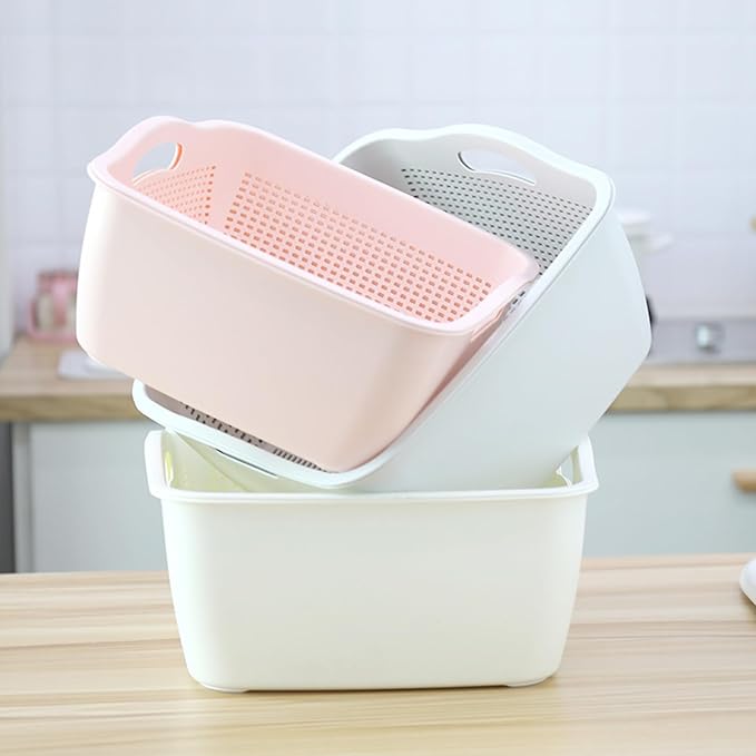 Kitchen Colander Drain Basin 2 in 1 Plastic Basket Strainer Bowl (grey), large, Gray