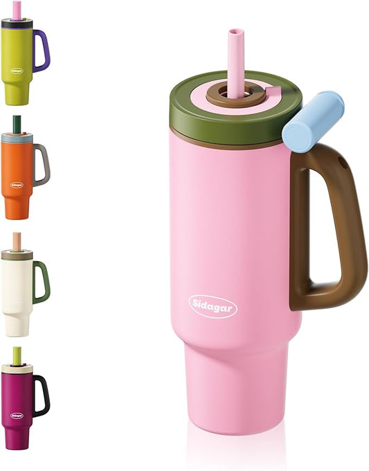 Tumbler with Handle,36 oz Ceramic Lined Travel Mug Water Bottle with Straw,Vacuum Insulated Stainless Steel Cup with Lid,Fits Cup Holder, Leak Resistant Press-in Lid,Pink
