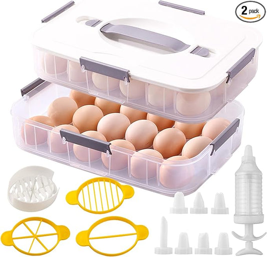 2 Layer Deviled Egg Containers with Lid, 36 Slots Deviled Egg Tray Carrier with Handle and Injector Piping Tool, Fridge Stackable Portable Clear Storage Egg Platter for Party Picnic Travel (white)