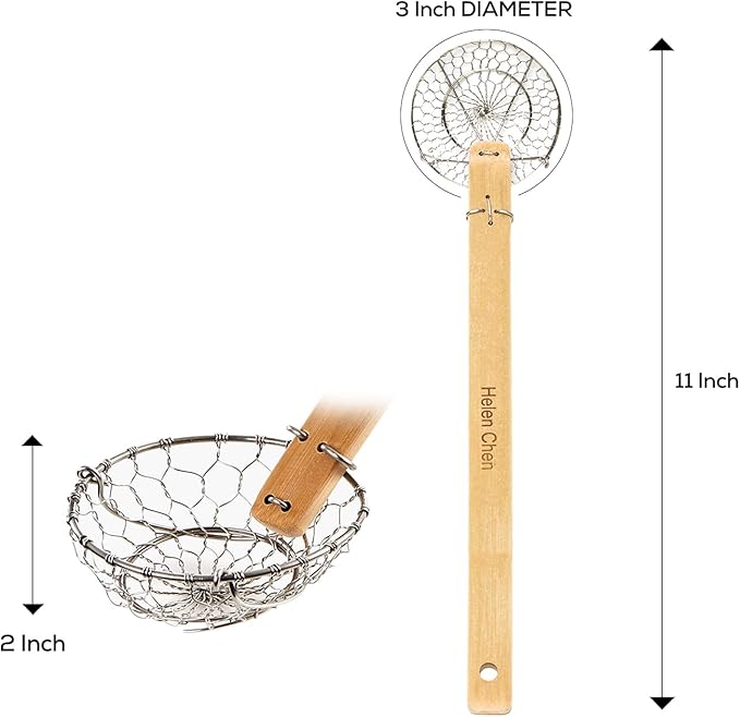 Helen's Asian Kitchen Mini Spider Strainer, 3-Inch Stainless Steel Mesh Basket With Bamboo Handle, For Noodles, Dumplings, Wontons, Deep Frying, And Draining Tasks