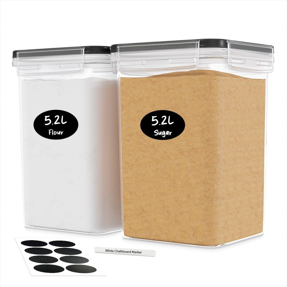 DWËLLZA KITCHEN Large Flour Sugar Storage Containers Set of 2; 175 FL. oz - 5.2L Plastic Airtight Food Storage Containers with Lids for Kitchen Pantry Organization - Food Containers, Labels & Marker