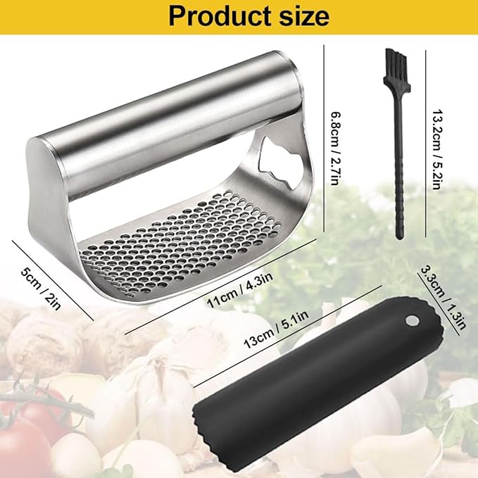 Garlic Presses,Stainless Steel Garlic Presser, Garlic Press Rocker Heavy Duty Stainless Steel Garlic Mincer, Garlic Chopper with Peeler And Cleaning Brush for Smash Garlic Kitchen Tools(1Set)