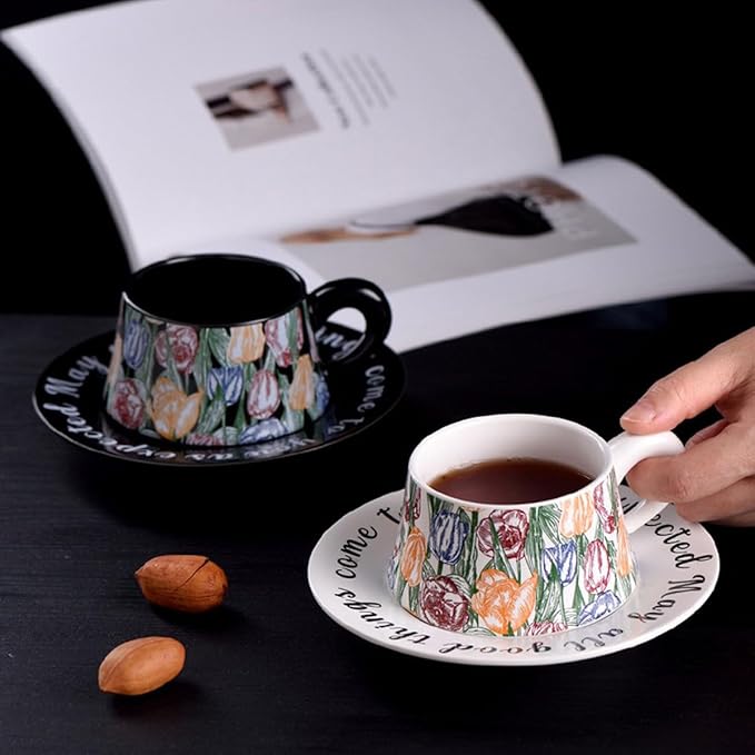 Tea Cup and Saucer Set of 2,Bone China Tulip Ceramic Coffee Cup Gift Set with Box，Latte Mug for Mother's Day Gifts（8.95 oz）