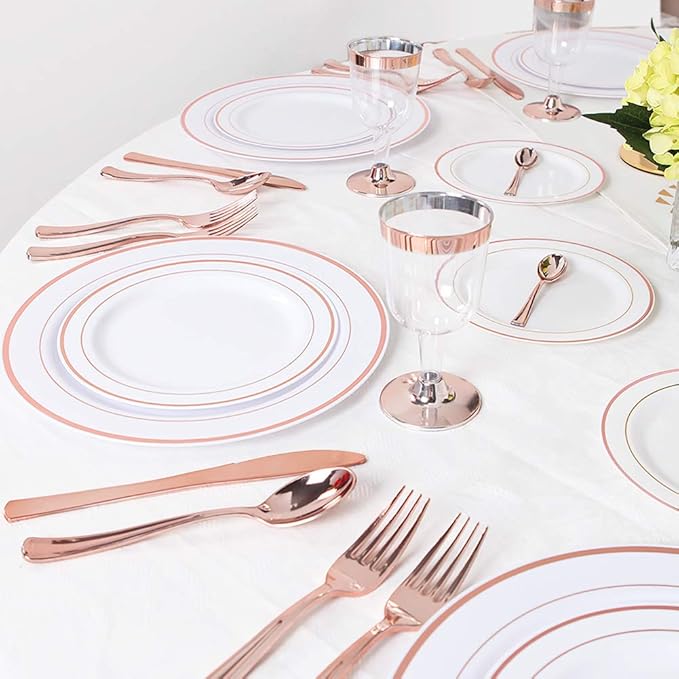 WDF 120 Pieces Rose Gold Plastic Silverware- Disposable Flatware Set-Heavyweight Plastic Cutlery- Includes 40 Forks, 40 Spoons, 40 Knives for Baby Shower Wedding Spring Mother's Day Party