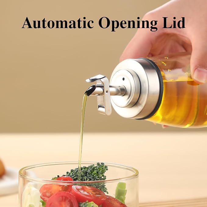 2-Pack Glass Oil Dispenser Bottle with Stainless Steel Spout, Automatic Opening Lid, for Cooking Oil, Vinegar, Sauces, Syrup, 6OZ