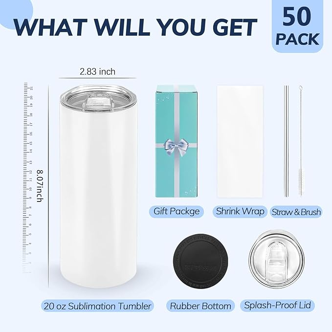 D·S 50 Pack Sublimation Tumblers 20 oz Bulk Skinny Straight Flat Bottom Blank Tumbler Cups with Individual Gift Boxed for Heat Transfer DIY Craft