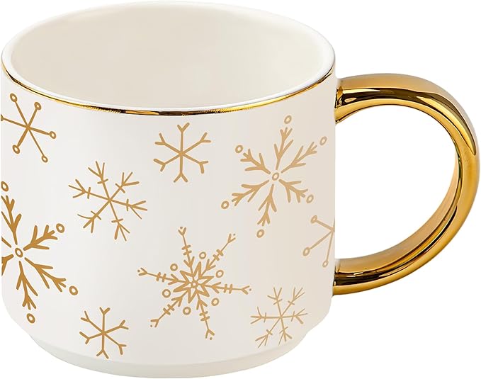 Sweet Water Decor Gold Snowflake Coffee Mug, 14oz China Christmas Mug with Gold Handle, Large Holiday Winter Cup for Coffee, Tea & Hot Chocolate, Stocking Stuffer Gifts for Women