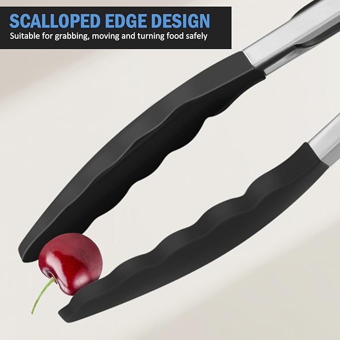Kitchen Tongs, Stainless Steel Cooking Tongs with Silicone Tips, 600ºF High Heat-Resistant Non Scratch Locking Tongs for Cooking BBQ Grilling Air Fryer Pans, Set of 2 (7" 9" and 12") Black