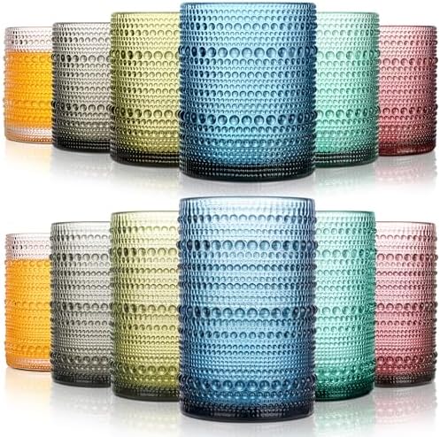 KMIGRUAN Colored Hobnail Drinking Glasses Set of 12,15oz&12oz Vintage cups