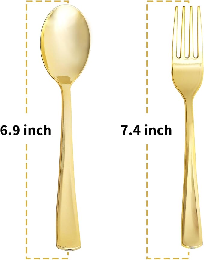 N9R 200PCS Gold Plastic Silverware, Heavy Duty Disposable Cutlery Set for Parties, gold forks and spoons disposable Includes 100 Spoons and 100 Forks for Wedding, Birthday, Dinner