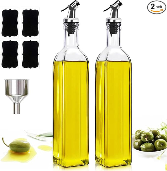 Olive Oil Dispenser Bottles, 2Pack 17oz/500 ml Square Glass Tall Oil Bottles with 4 Labels, 2 Pourers and 1 Funnel