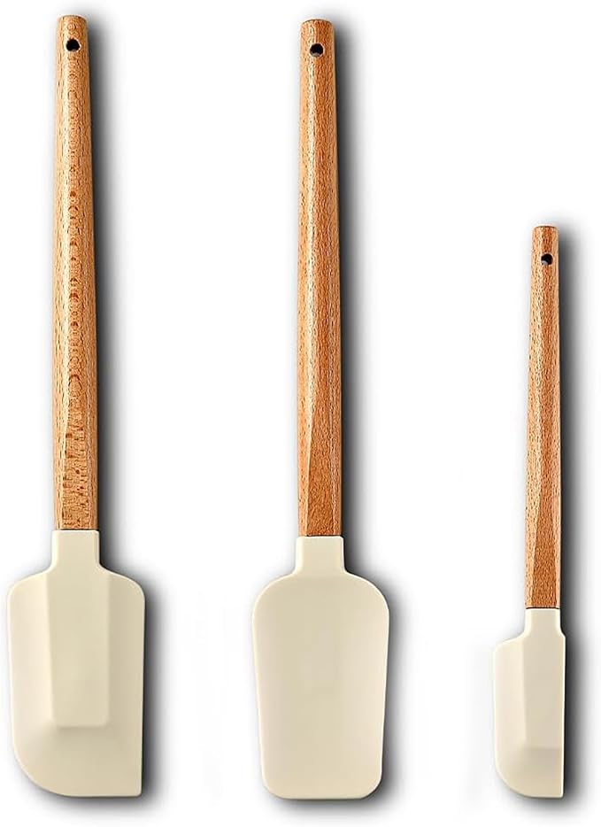 3-Piece Heat Resistant Silicone Spatula Set for Baking - Wooden Handle Spatula Baking Spatula, Non-Stick for Cooking, Mixing, Frosting & Jams (Beige)