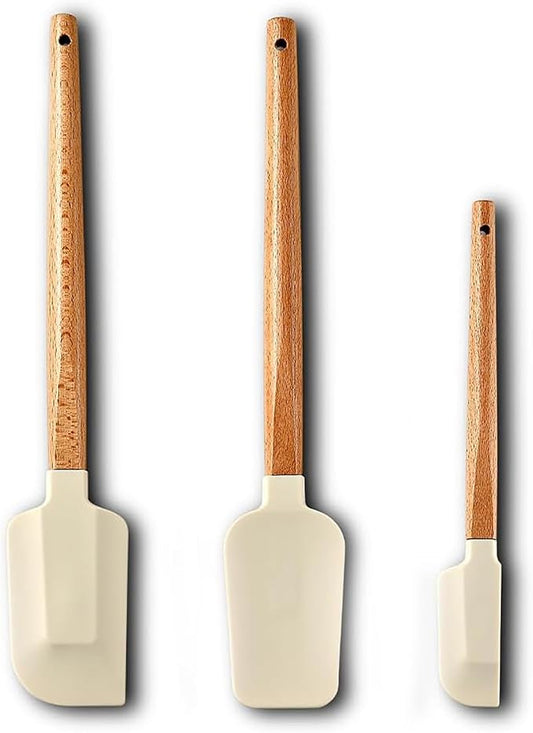 3-Piece Heat Resistant Silicone Spatula Set for Baking - Wooden Handle Spatula Baking Spatula, Non-Stick for Cooking, Mixing, Frosting & Jams (Beige)