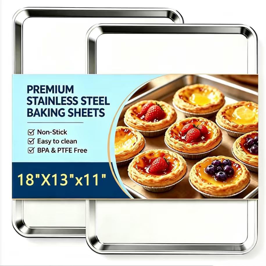 Baking Sheet Set of 2, Stainless Steel Cookie Sheets for Baking, 18 x 13 Inch Thicker Large Baking Pans Oven Tray, Warp Resistant Nonstick Half Sheet Pan, Nontoxic & Heavy Duty