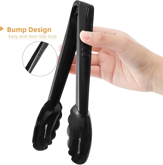 40 Pack Plastic Tongs for Serving, 9" Disposable Buffet Tong, Heavy Duty Scalloped Serving Utensil Tongs, Bulk Charcuterie Accessories for Party Events Catering Kitchen BBQ Ice Salad, Black