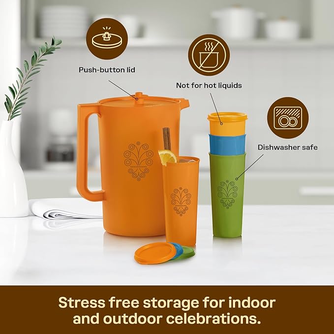 Tupperware Heritage Retro Collection, Pitcher and 4 Tumbler Set in Retro Colors, Dishwasher Safe and BPA Free