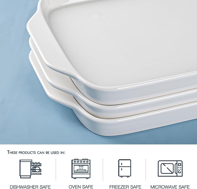 Dizada Large Serving Platter with Handles 16"x9" - White Porcelain Serving Trays Set of 3, Rectangular Platters for Entertaining, Party, Appetizer, Charcuterie