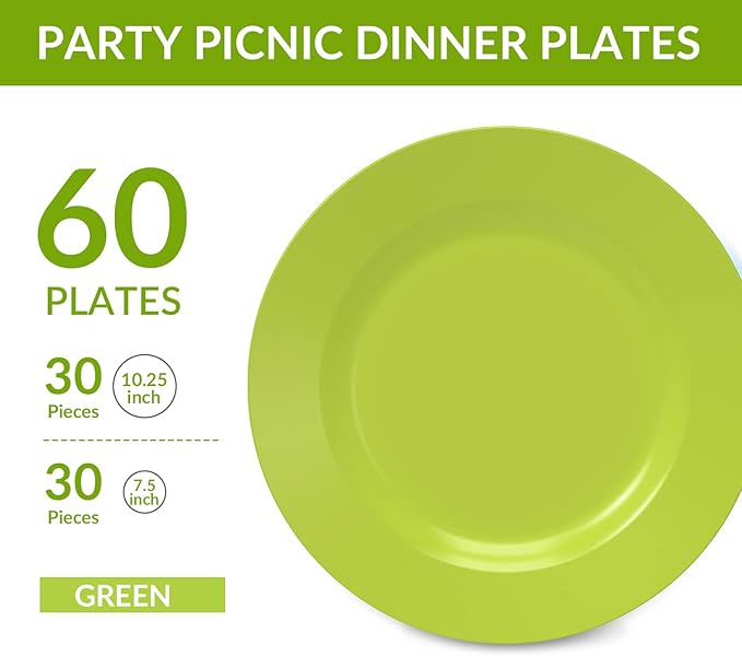 POSATE Plastic Plates Disposable 60 PCS, Heavy Duty 30 Dinner Plates 10.25" and 30 Dessert Plates 7.5" for Party, Green