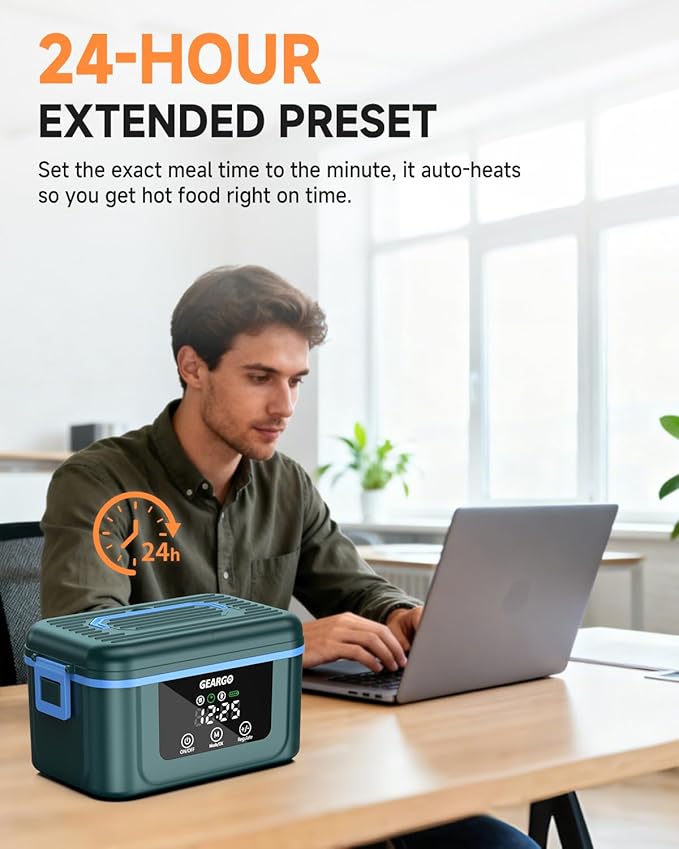 GEARGO 𝟔.𝟑 𝐂𝐮𝐩𝐬 Cordless Electric Lunch Box, 𝟐𝟒𝟎𝟎𝟎𝐦𝐀𝐡 Heated Lunch Box Battery Powered with Ice Crystal Box, 24 Hours Scheduled Rechargeable Heating Lunchbox for Adults Men Women